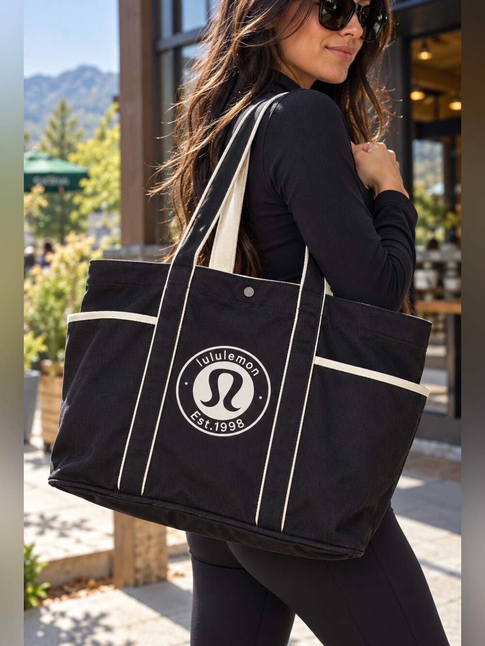 Lululemon Daily Multi-Pocket Canvas Tote Bag 20L Black White Logo